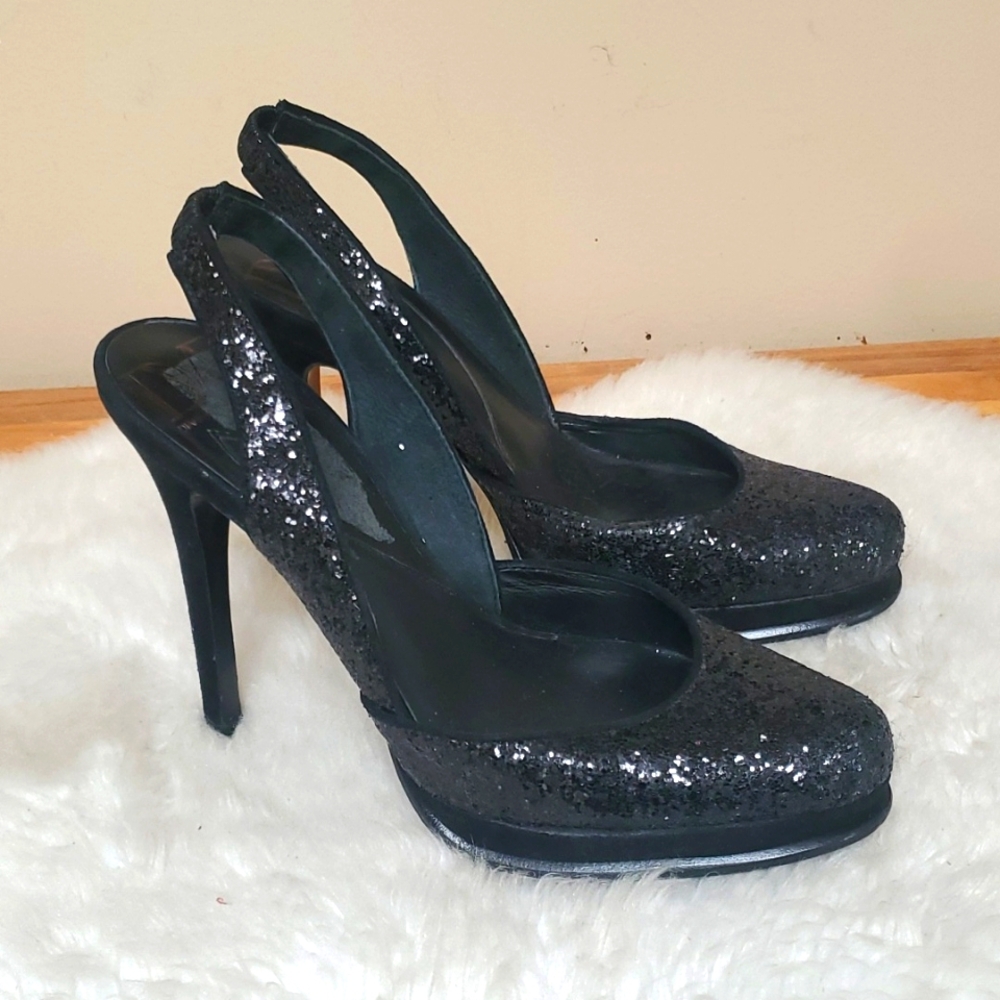 Diane Von Furstenberg DVF Black Sequin Slingback Stilletos Size 7M